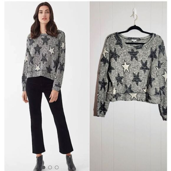 Splendid Boxy Star Print Metallic Black White Gray Sweater lg - Picture 1 of 3